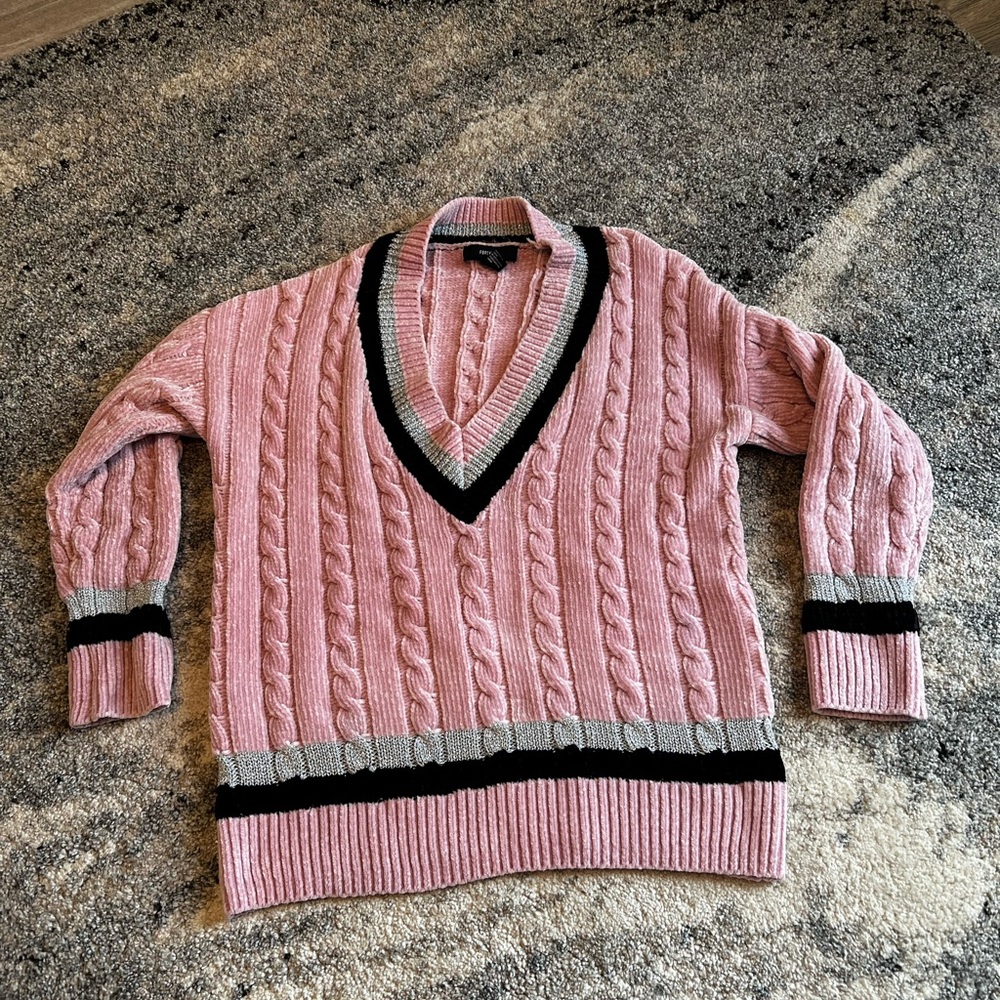 Pink Cable Knit V-Neck Sweater